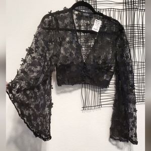 Black flower applique sheer shrug medium